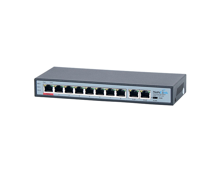 MaxLink PSBT-10-8P-250 PoE switch, 10x LAN/8x PoE 250m, 802.3af/at/bt